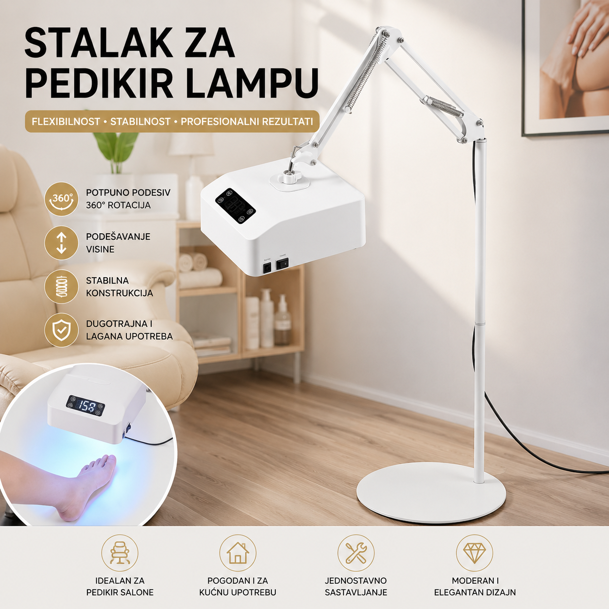 Stalak za Pedikir Lampu – Podesivi Profesionalni Držač za UV/LED Lampu sa Stabilnim Postoljem