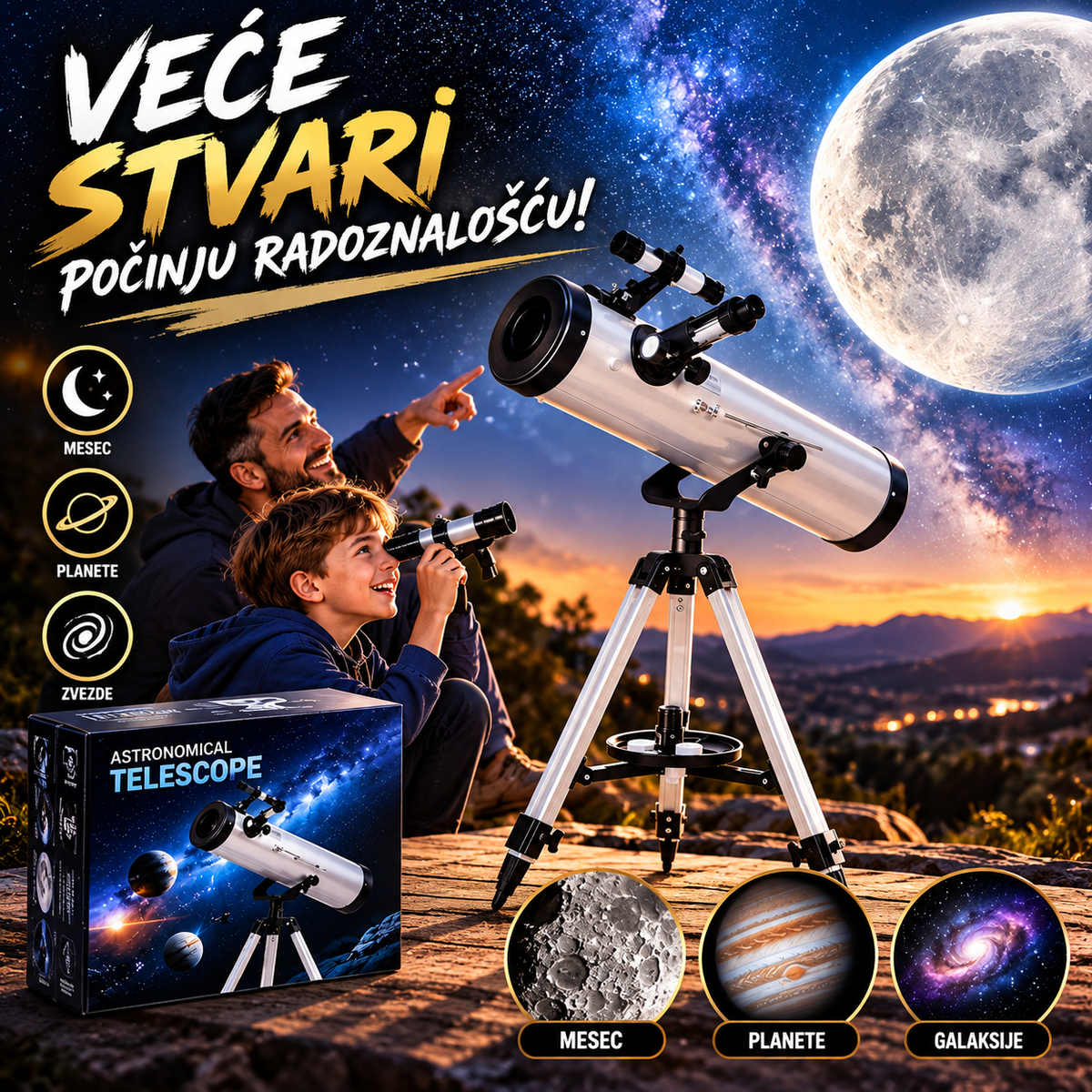 Astronomski Teleskop sa Stativom – Profesionalni Teleskop za Posmatranje Meseca, Planeta i Zvezda | Idealan Poklon za Decu i Odrasle