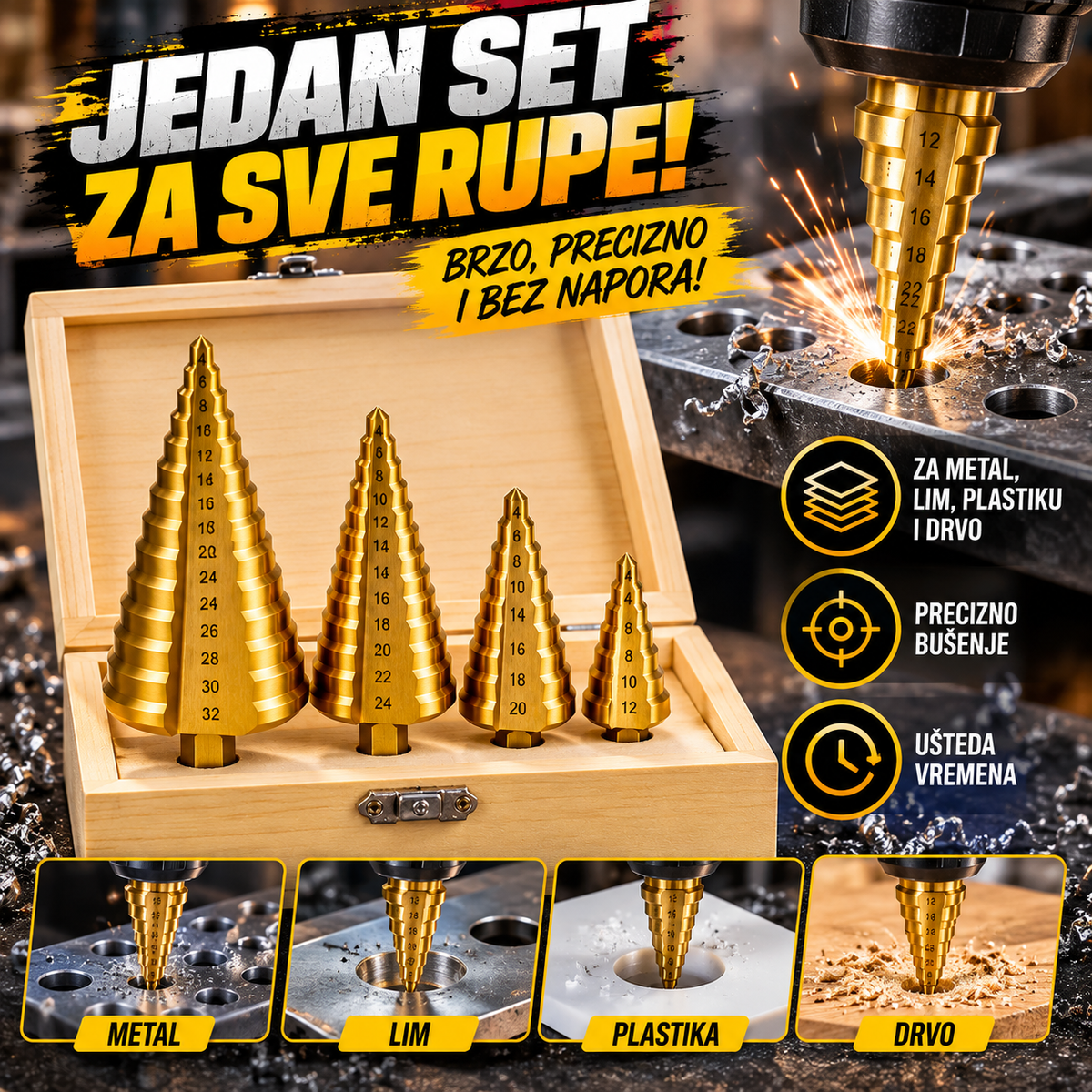 Stepenaste Burgije Jelkice – Set od 4 Komada za Precizno Bušenje Metala i Lima
