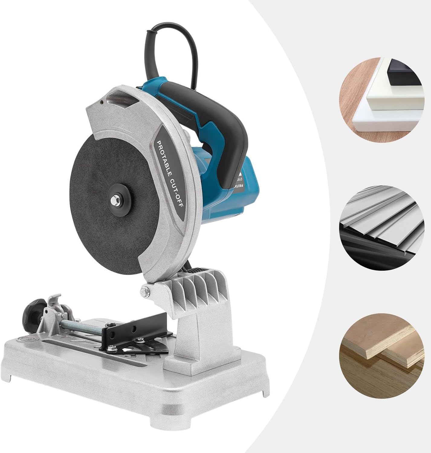 Circular saw with a white background and inset images of cut materials.