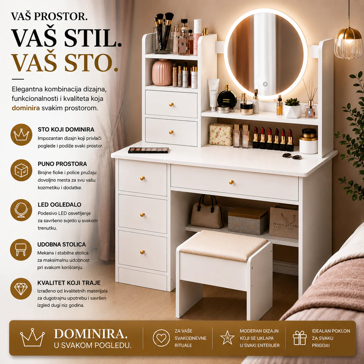LENA Toaletni Sto sa LED Ogledalom – Sto za Šminkanje sa Fijokama i Stolicom