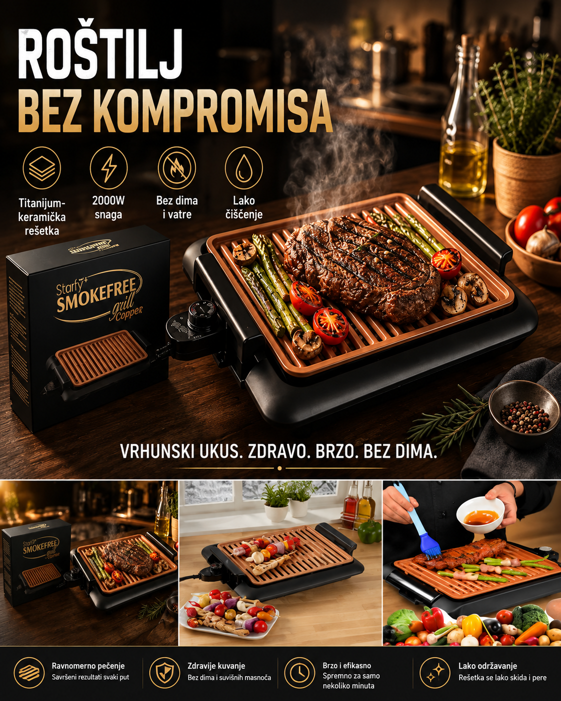 Titanium Električni Roštilj – Električni Grill sa Nelepljivom Titanijumskom Pločom za Brzo Pečenje