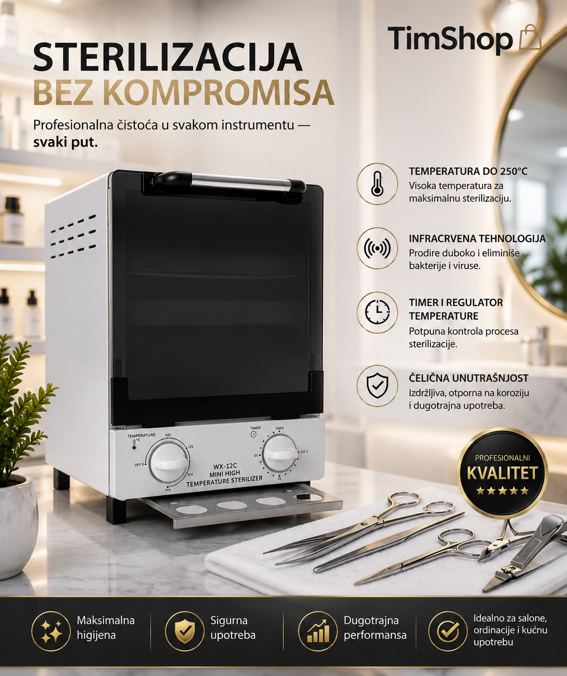 Profesionalni Toplotni Sterilizator 1000W – Suva Sterilizacija Alata za Kozmetičke i Frizerske Salone