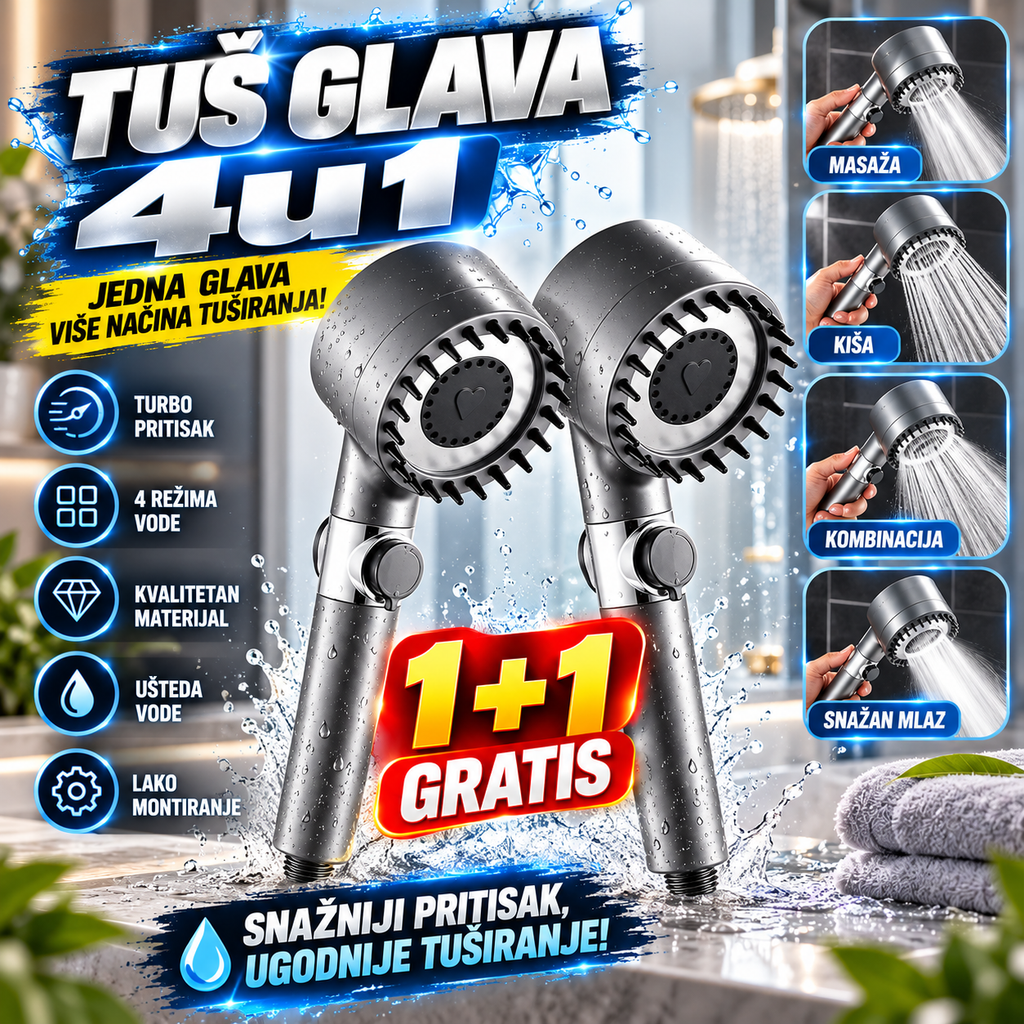 Tuš Glava 4u1 sa Masažom – Turbo Tuš Glava za Jači Pritisak Vode 1+1 GRATIS