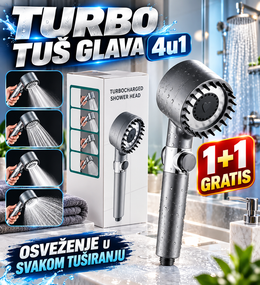 Tuš Glava 4u1 sa Masažom – Turbo Tuš Glava za Jači Pritisak Vode 1+1 GRATIS