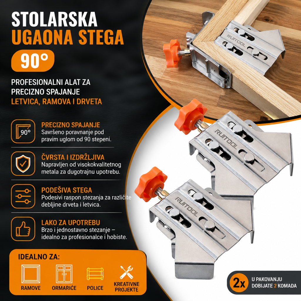 Ugaona Stolarska Stega 90° – Metalna Stega za Precizno Spajanje Drveta, Ramova i Letvica