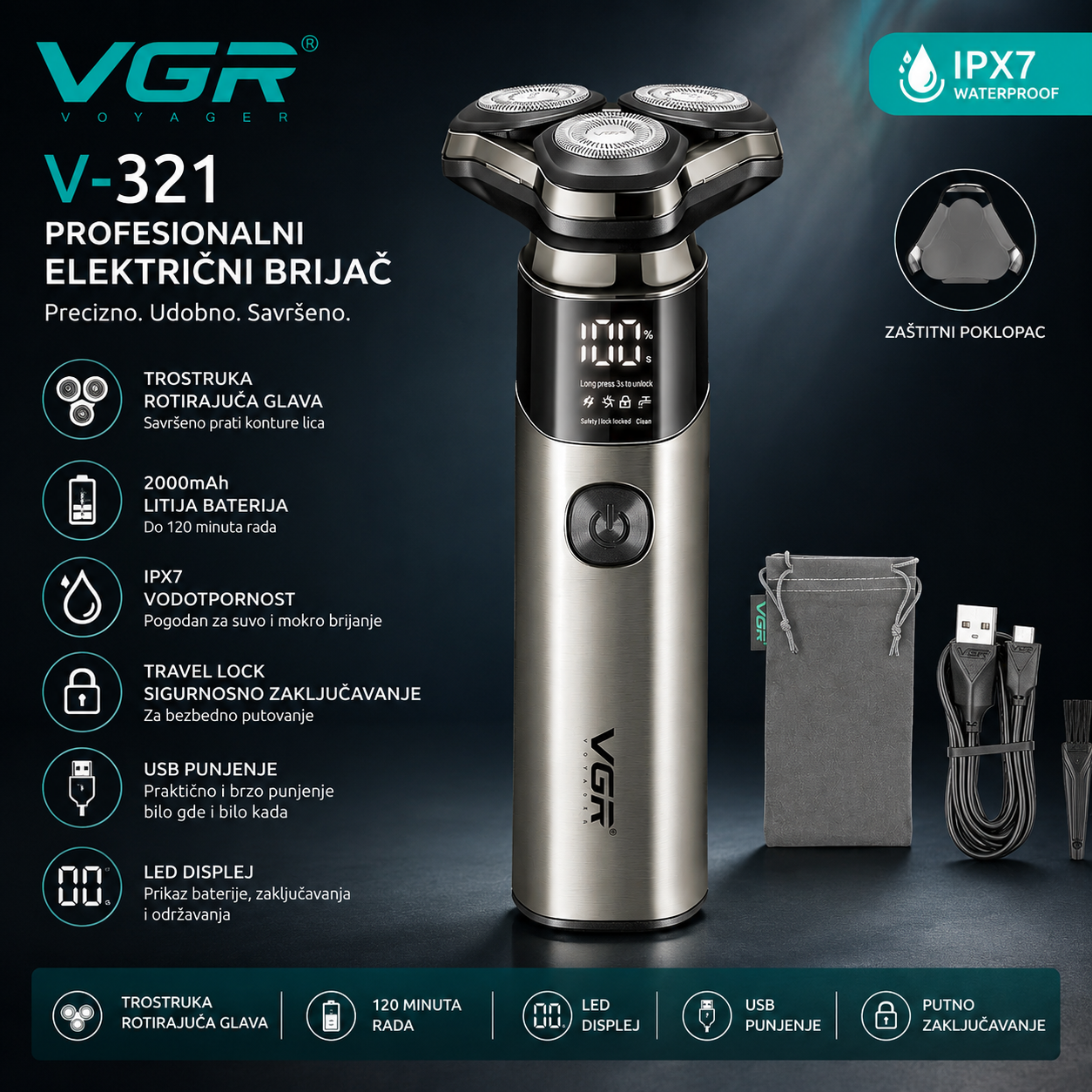 VGR V-321 Prenosivi Električni Brijač sa Trostrukim Rotirajućim Glavama – Profesionalni Aparat za Precizno i Udobno Brijanje