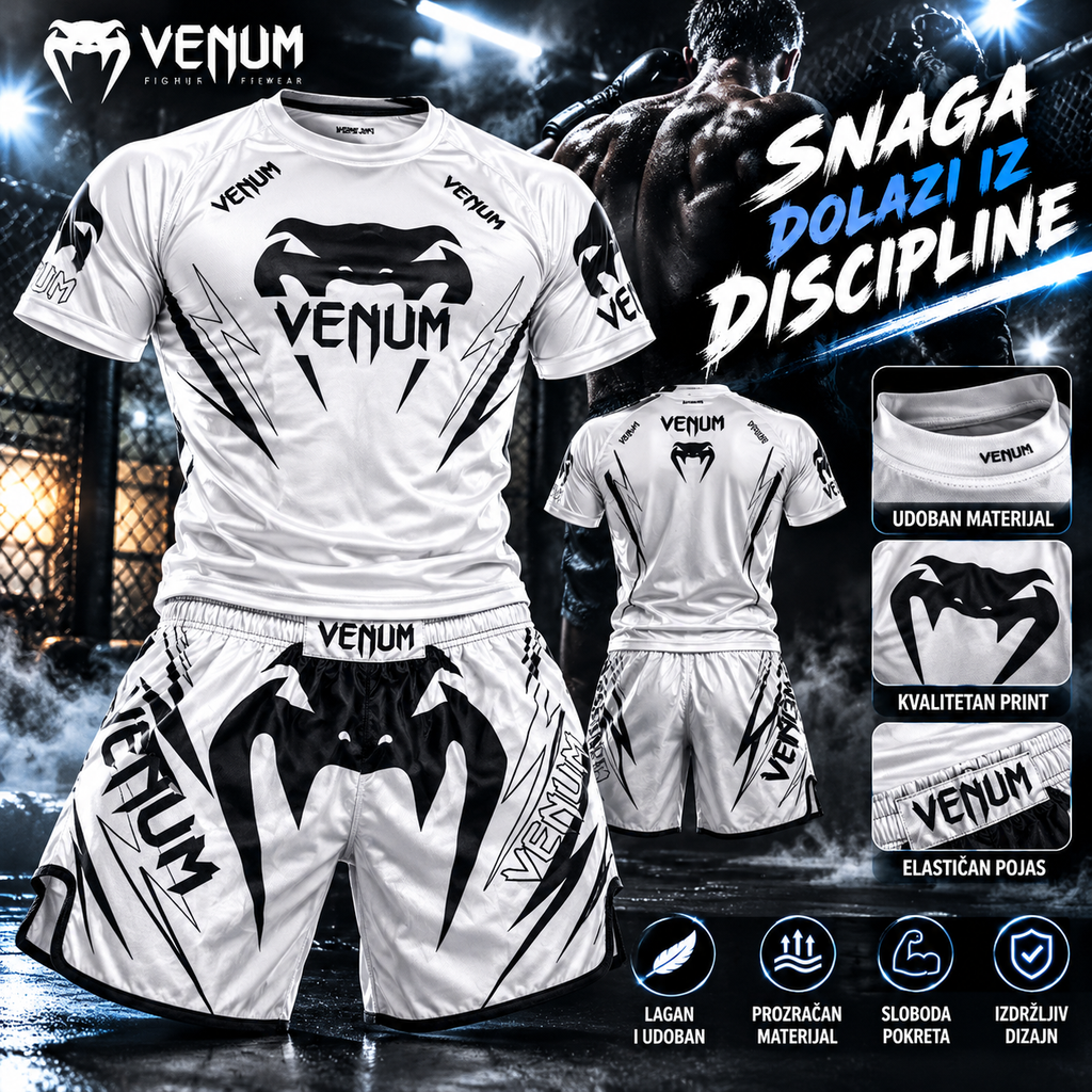 Venum Beli Muški MMA Komplet – Bela Sportska Majica i Šorts za Boks, Kik-boks i Borilačke Treninge