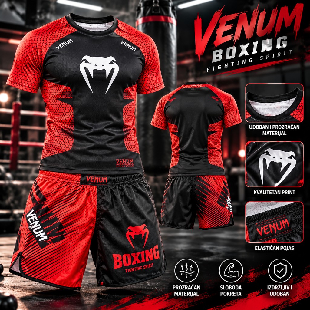 Venum MMA Komplet Muški – Crveno-Crna Sportska Majica i Šorts za Boks, Kik-boks i Teretanu