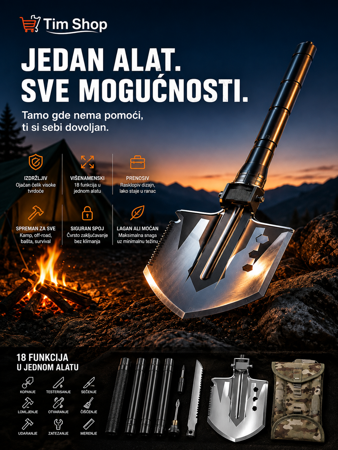 Tim Shop promotional graphic for a tactical folding shovel set, featuring a large silver shovel on a rocky outdoor background at dusk, with campfire imagery, feature icons, and smaller accessory thumbnails including a knife, rod, and camouflage pouch.