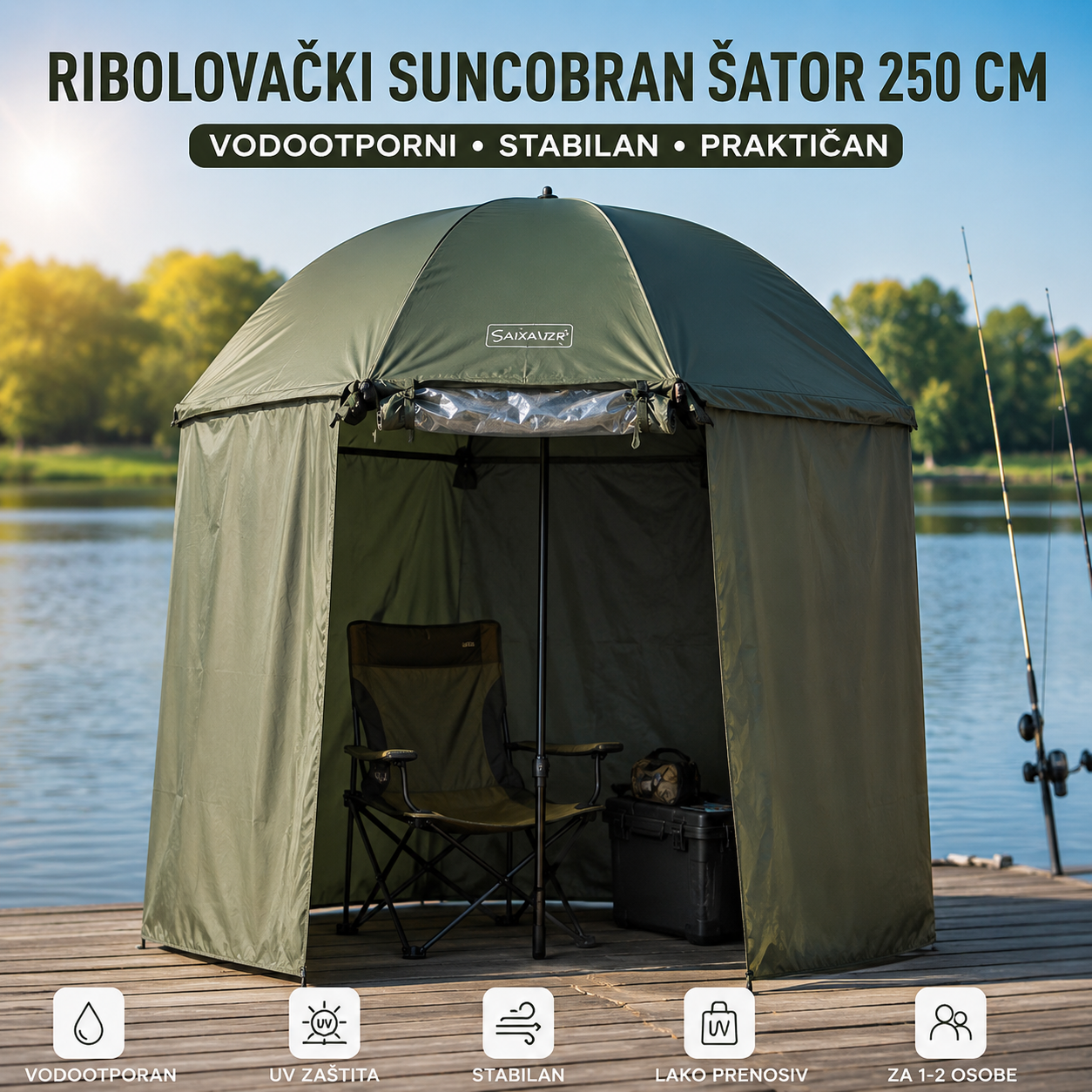 Vodootporni Ribolovački Šator i Suncobran 250 cm – Profesionalni suncobra za Pecanje i Kampovanje