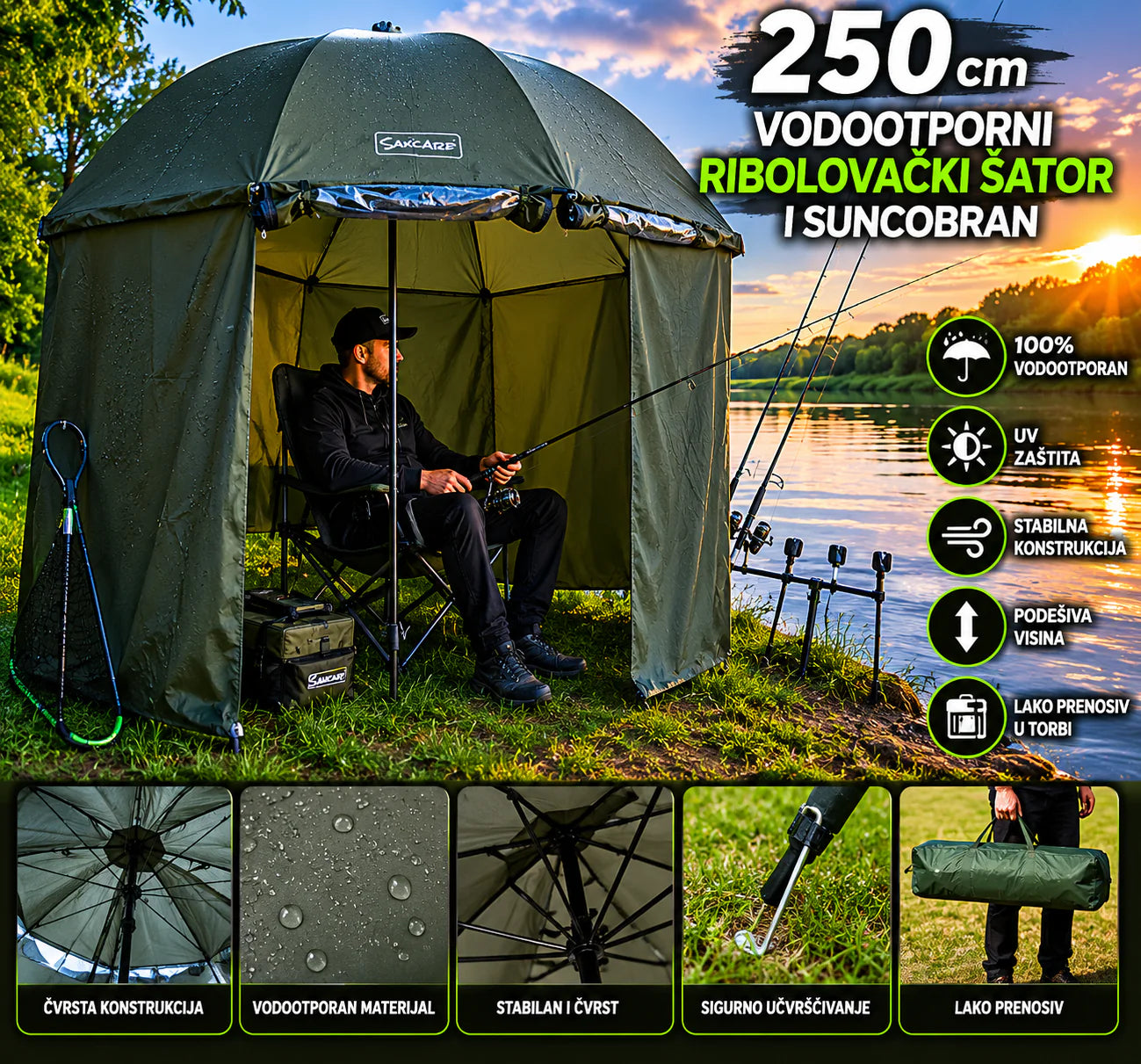 Vodootporni Ribolovački Šator i Suncobran 250 cm – Profesionalni suncobra za Pecanje i Kampovanje