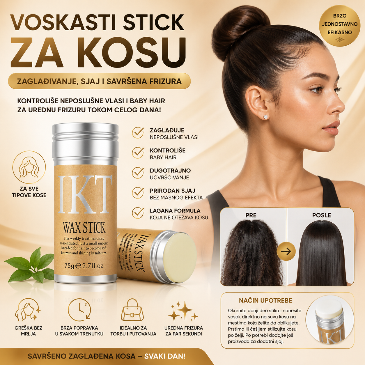Hair Wax Stick za Kosu 1+1 GRATIS – Zaglađuje Neposlušne Vlasi, Baby Hair i Obezbeđuje Dugotrajnu Postojanost Frizure