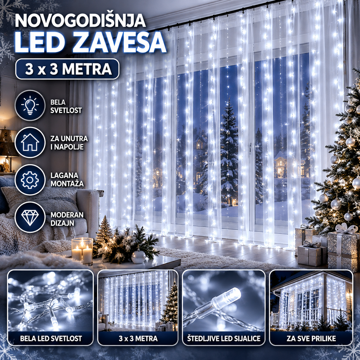 Novogodišnja LED Zavesa 3 × 3 m – Bela Svetleća Praznična Dekoracija za Prozor i Dom