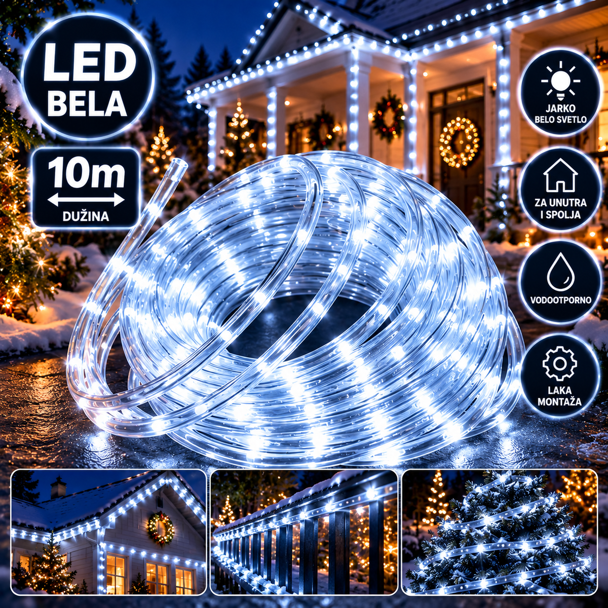Novogodišnje LED crevo belo 10m