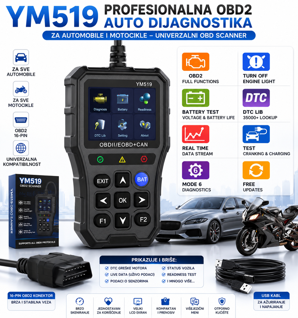 YM519 OBD2 Dijagnostika za Automobile i Motocikle – Profesionalni Auto Scanner za Očitavanje i Brisanje Grešaka