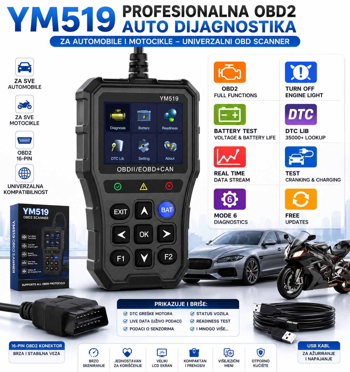 YM519 OBD2 Dijagnostika za Automobile i Motocikle – Profesionalni Auto Scanner za Očitavanje i Brisanje Grešaka