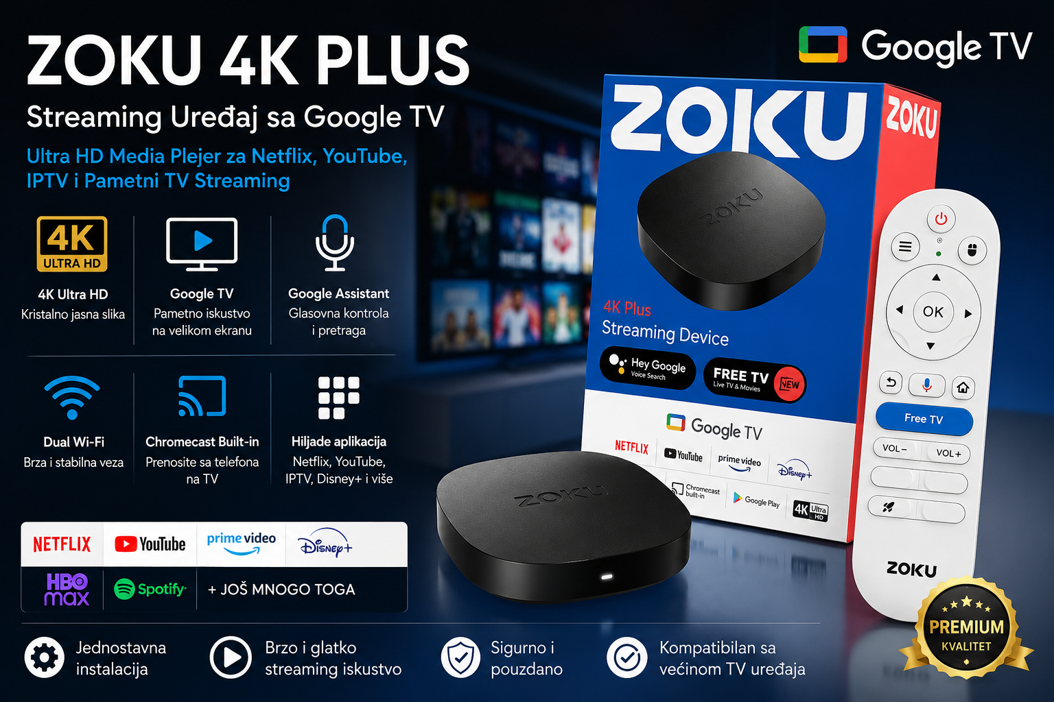 ZOKU 4K Plus Google TV Box – 4K Ultra HD Streaming Uređaj sa Google TV Platformom, Wi-Fi, Glasovnom Kontrolom i Hiljadama Aplikacija