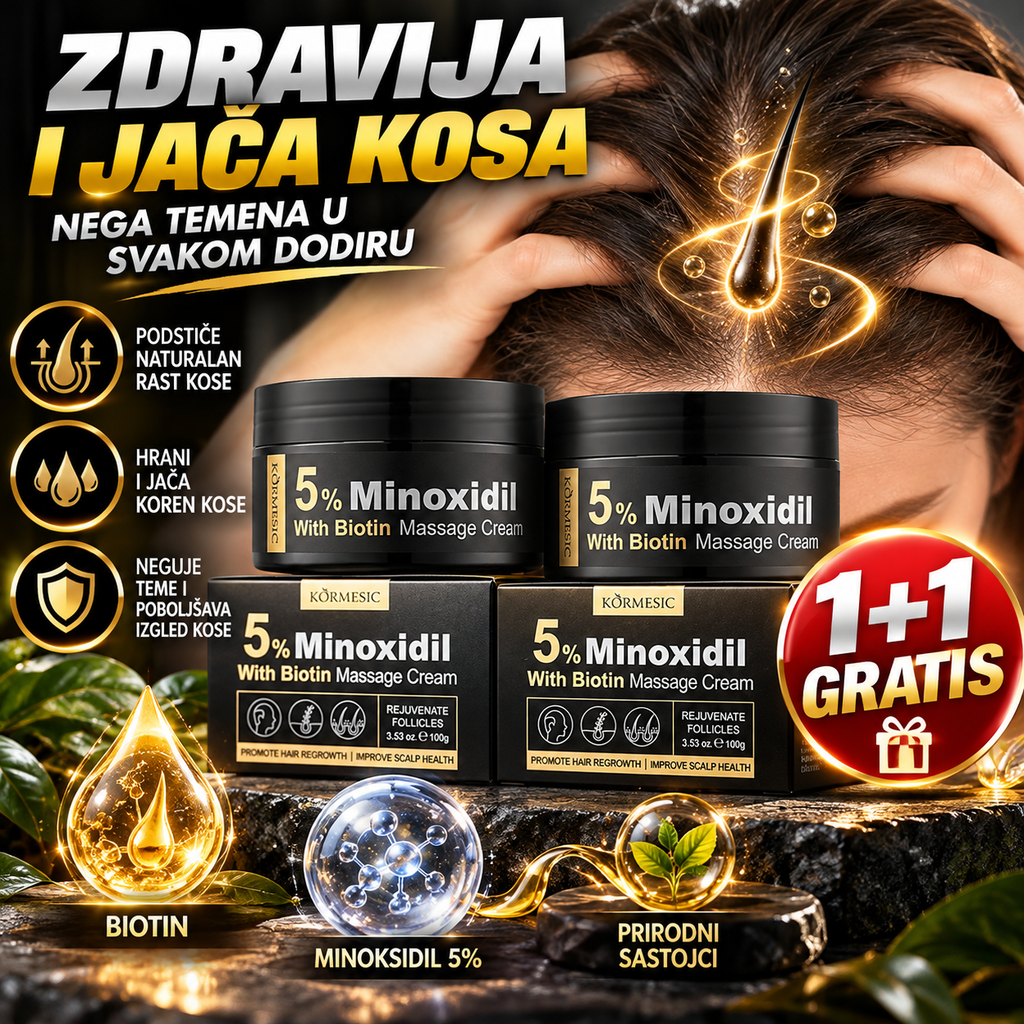 Minoksidil 5% Krema za Kosu sa Biotinom – Nega Temena, 100 g, 1+1 GRATIS