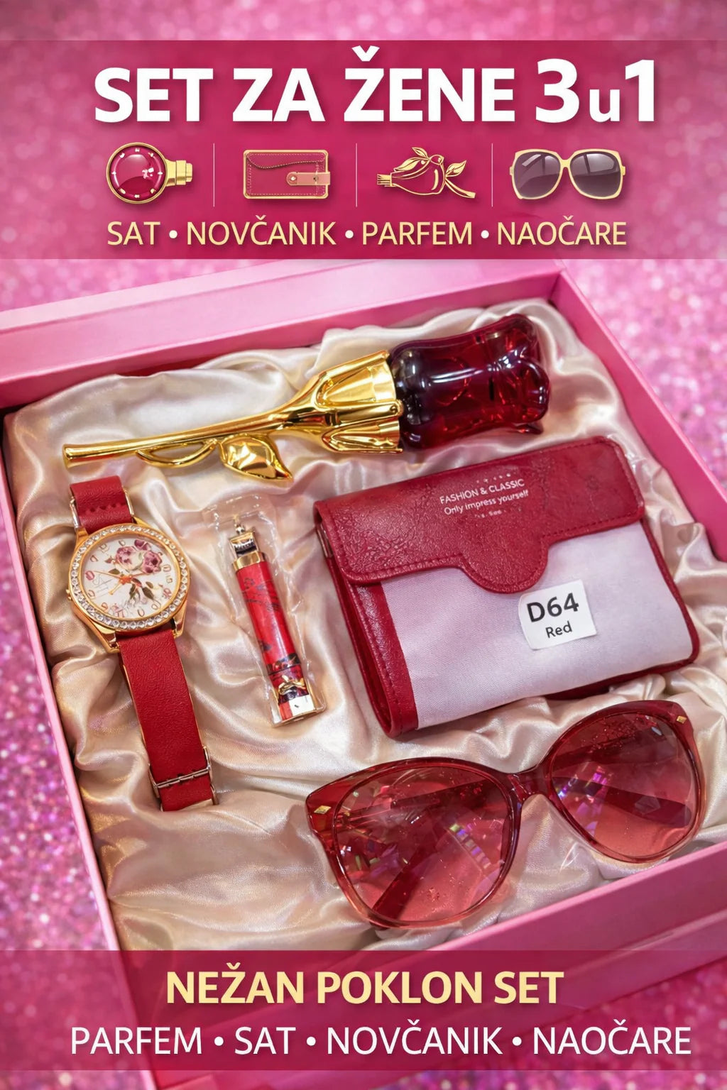 Set za žene 3 u 1 – parfem ruža, sat, novčanik i naocare