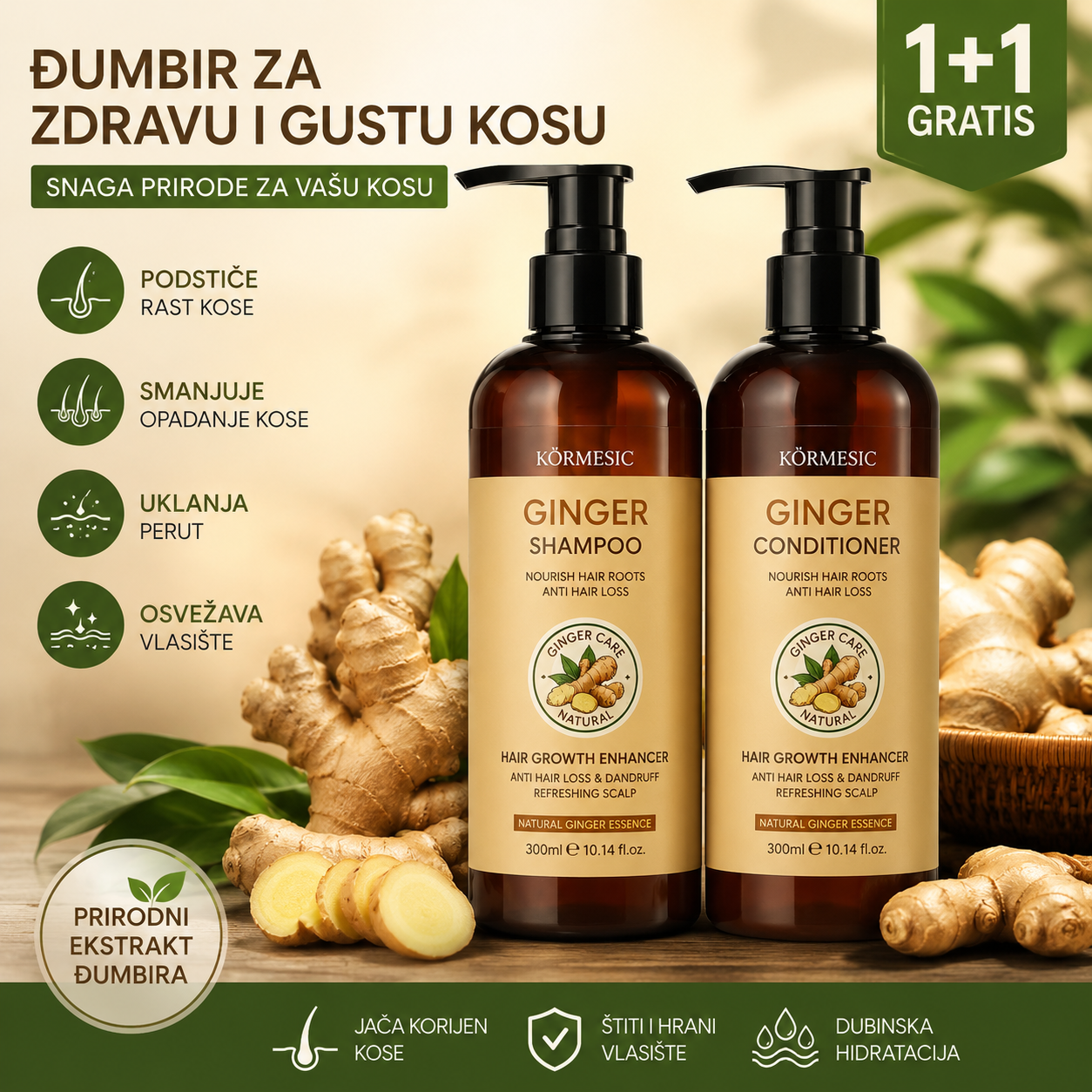 Šampon i Regenerator sa Đumbirom za Rast Kose – Protiv Opadanja Kose i Peruti, Osvežava Vlasište 1+1 GRATIS