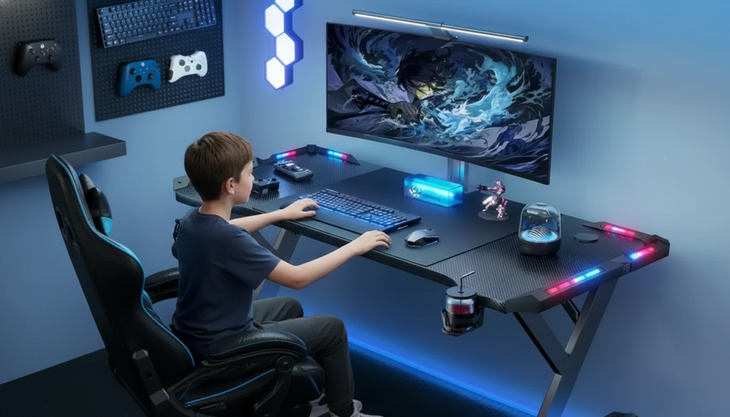 LED RGB Gejmerski Sto – Gaming Sto sa Osvetljenjem, Držačem za Slušalice i Čašu