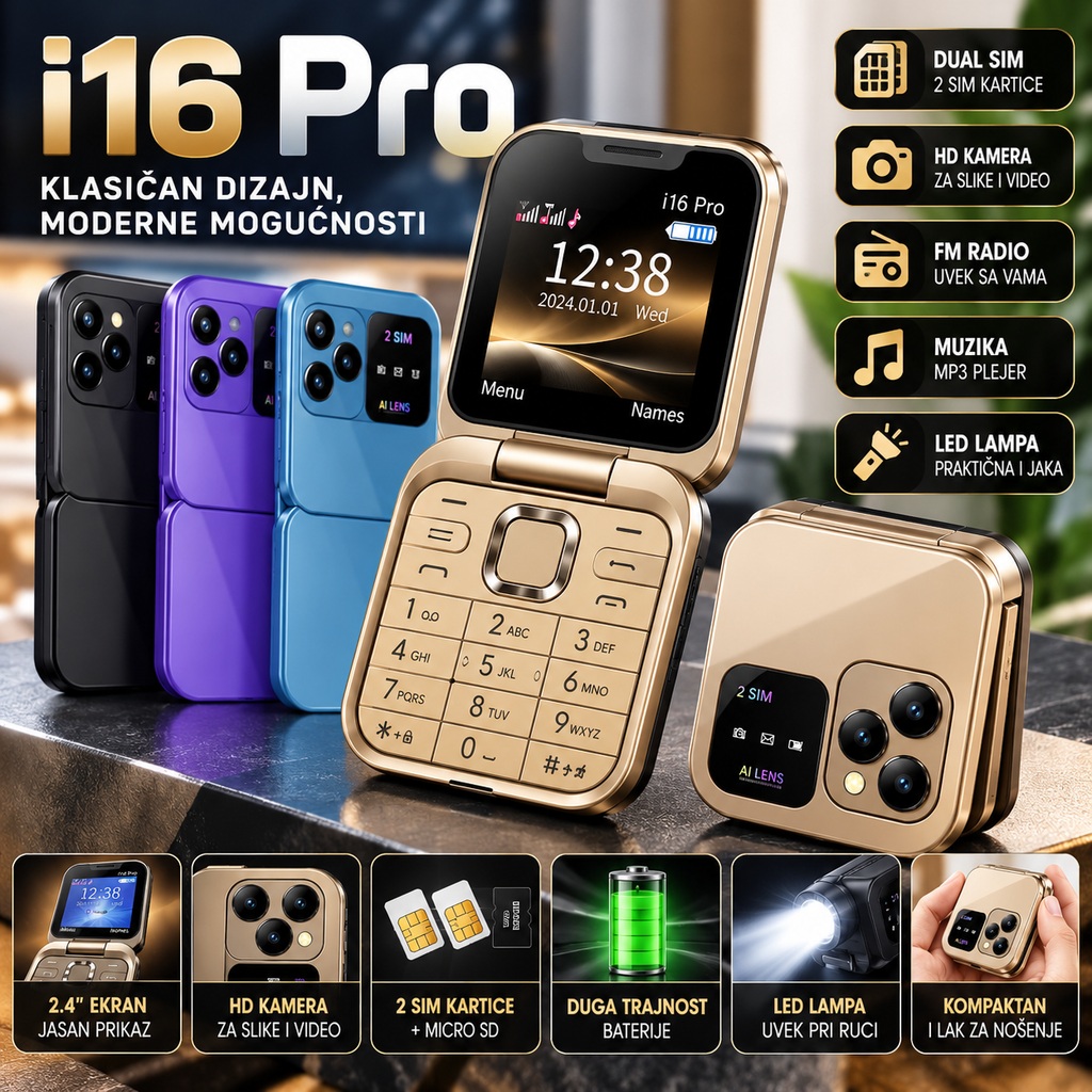 Mobilni Telefon i16 Pro na Preklop – Kompaktan Telefon sa Preklopnim Dizajnom
