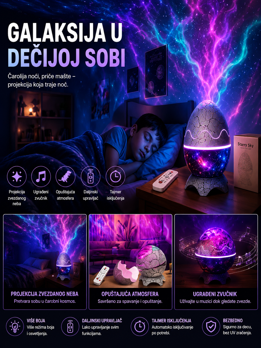 Aurora Lampa Jaje Dinosaurusa Projektor Zvučnik