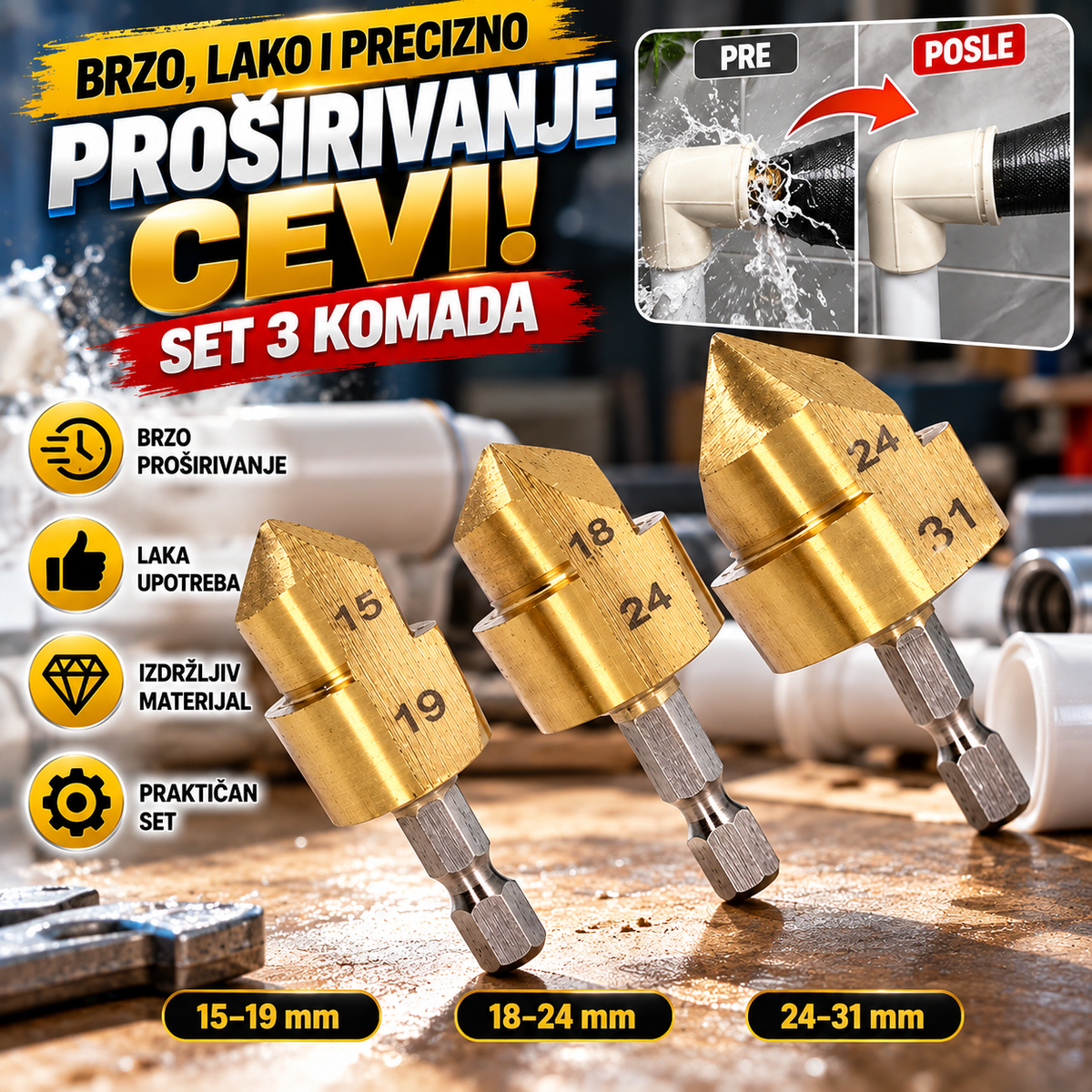 Set 3 burgije za proširivanje cevi