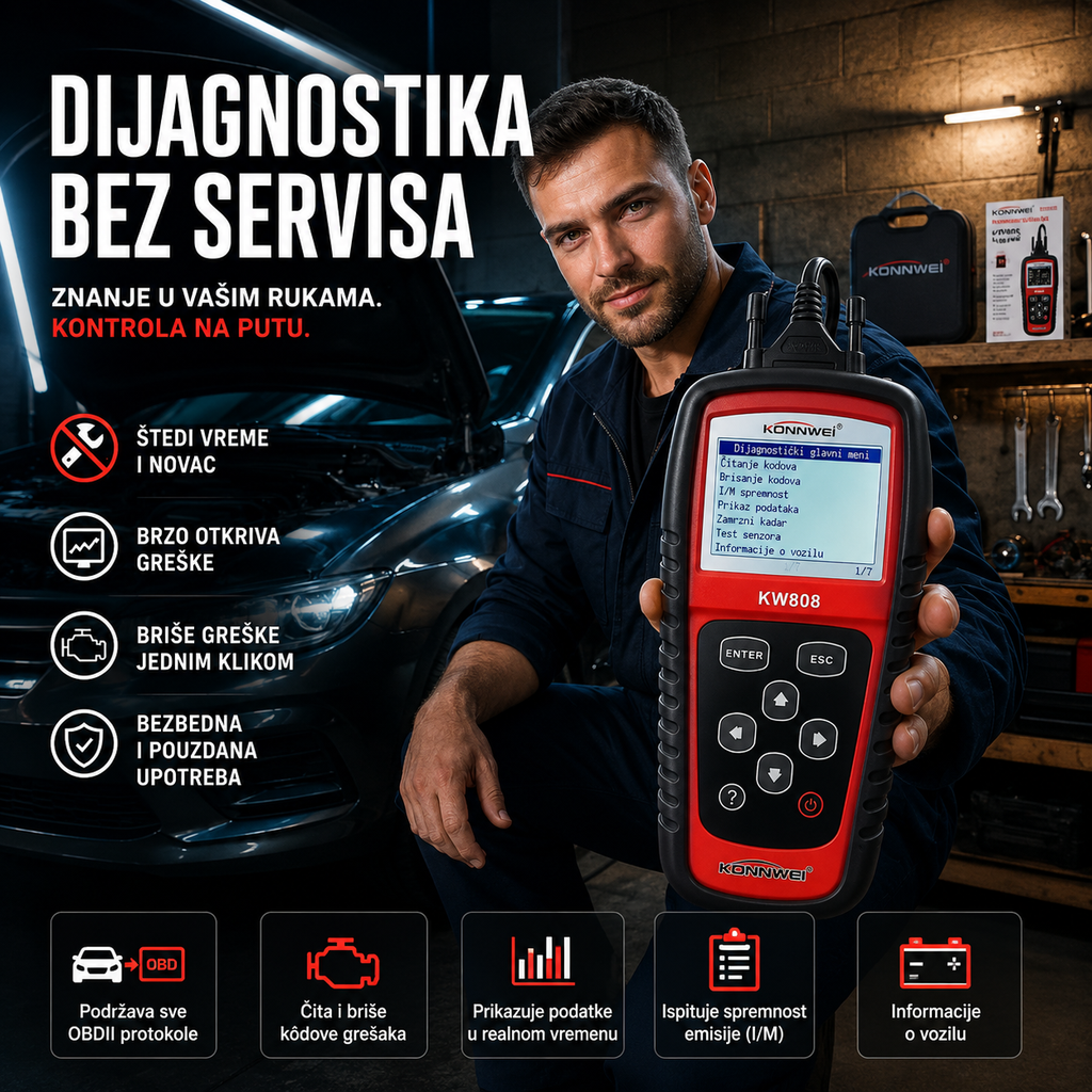 konnwei KW808,konnwei dijagnostika,KW808 OBD2,OBD2 dijagnostika,OBD2 skener,auto dijagnostika,dijagnostika za auto,auto skener,profesionalni auto skener,OBD2 reader,OBD2 scanner,car diagnostic tool,engine scanner,check engine,brisanje grešaka,čitanje grešaka,live data,diagnostika motora,dijagnostika vozila,auto servis,mehaničarski alat,automobilski alat,radionički alat,OBD2 alat,automotive diagnostic tool,engine fault code reader,fault code scanner,CAN OBD2,EOBD,OBDII,dijagnostički uređaj,dijagnostika benzi